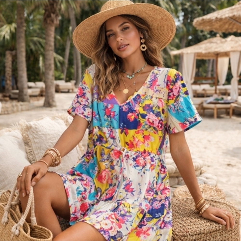 NWT Enkay Floral Patchwork Boho Dress 100% Rayon Cottagecore Prairie Tiered Mini